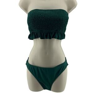 Green Bandeau Bikini Set With Ruffle Trim & High-Cut Bottoms Size Small
